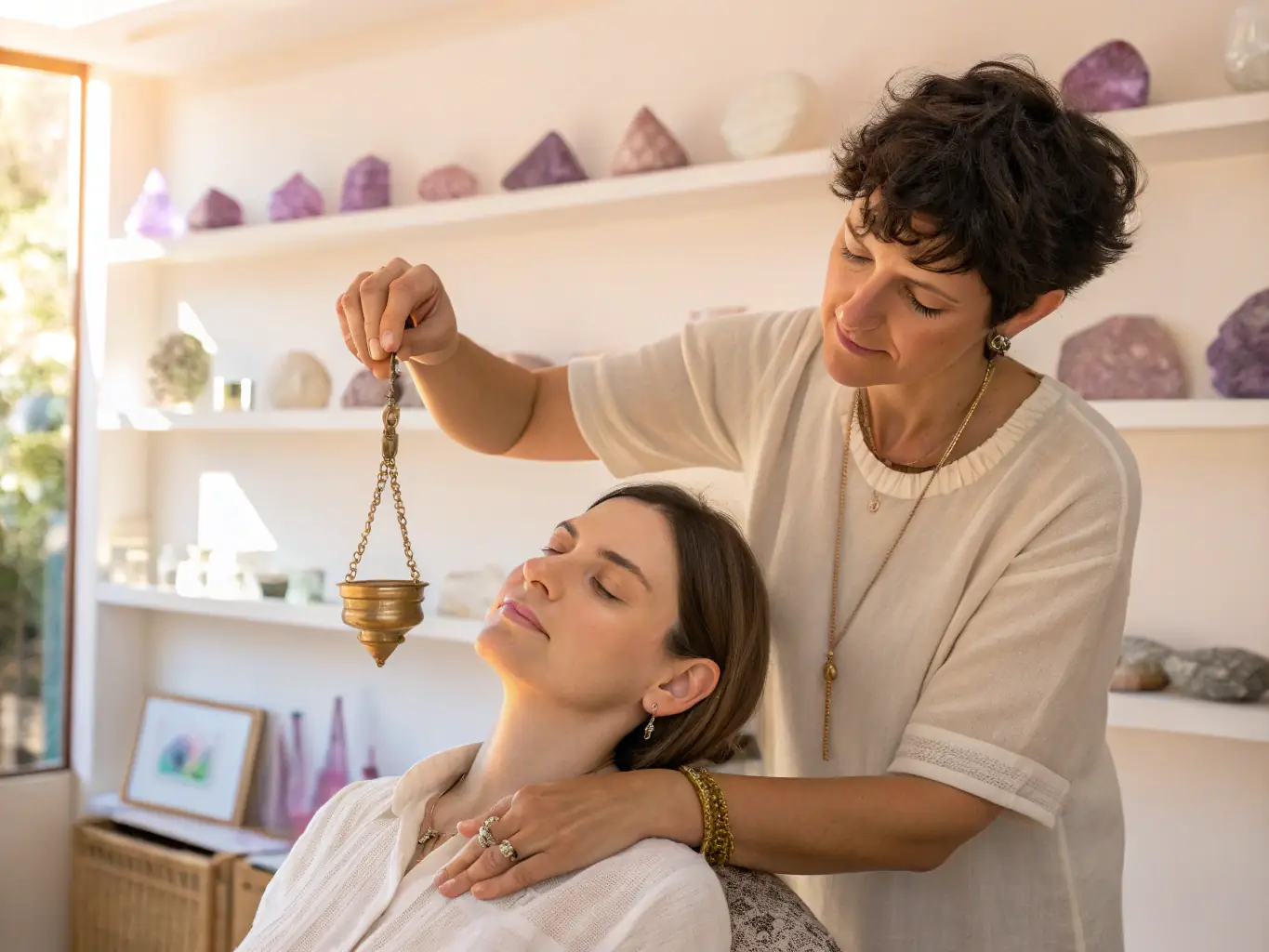 A practitioner using muscle testing techniques on a client's arm, with a focus on the connection between muscle response and energetic imbalances.